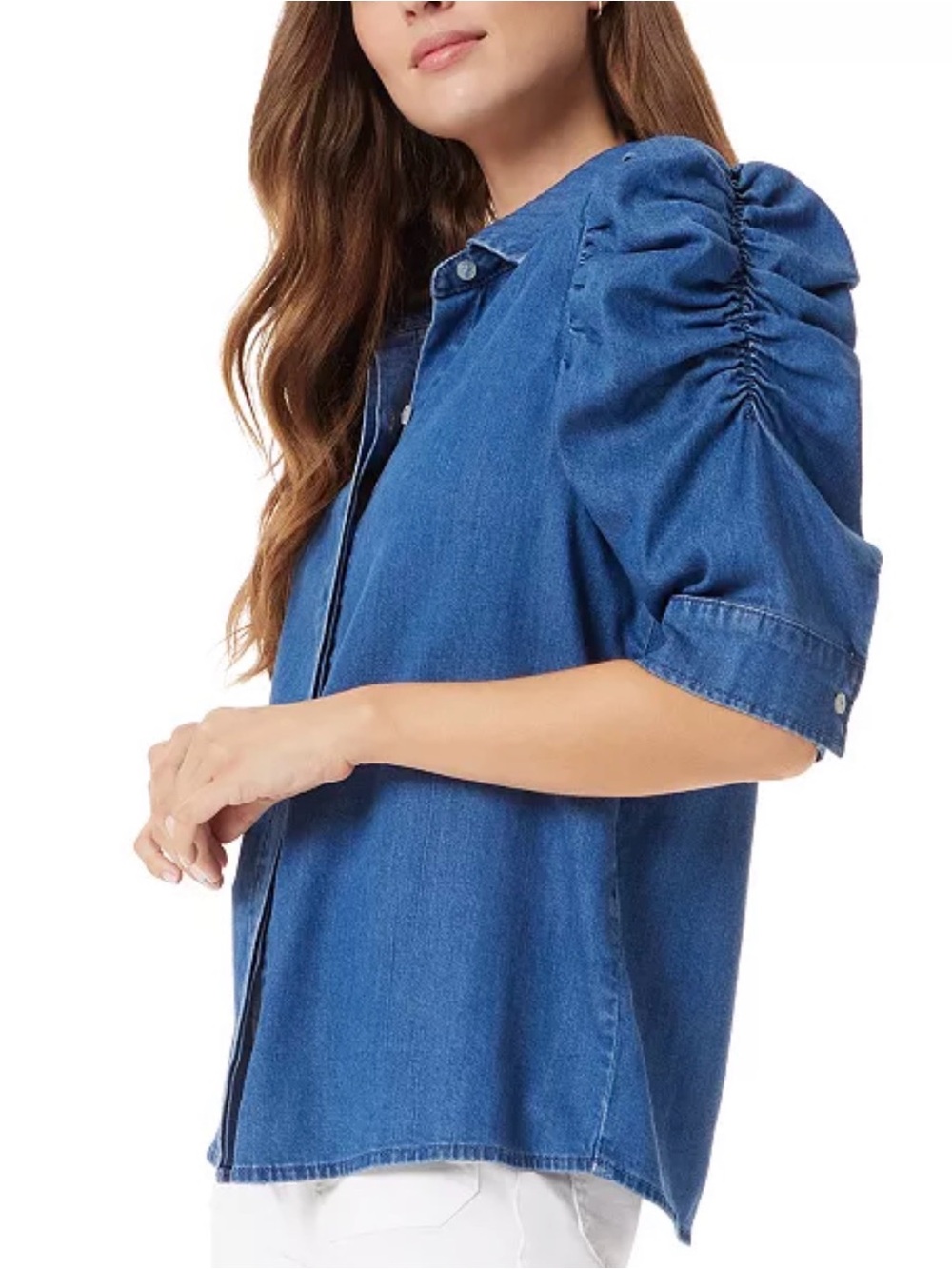 Sam Edelman XL Denim Puff Sleeve Top Prairie Cowgirl Western Ruched Button Up